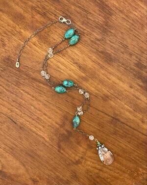 Barse Sterling Silver Turquoise Lariat Y Necklace Clear Crystal Accents 925